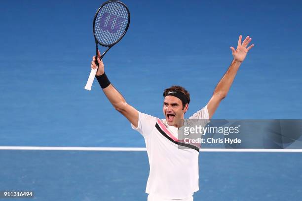 Roger Federer of Switzerland celebrates winning championship point in his men's singles final match against Marin Cilic of Croatia on day 14 of the...