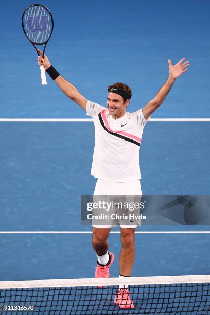 Roger Federer of Switzerland celebrates winning championship point in his men's singles final match against Marin Cilic of Croatia on day 14 of the...