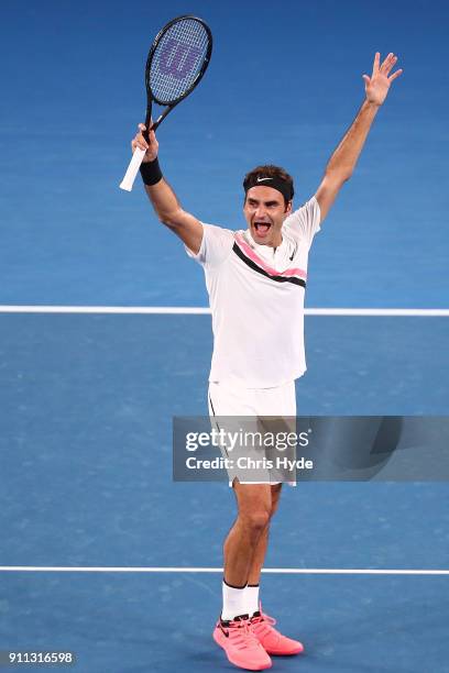 Roger Federer of Switzerland celebrates winning championship point in his men's singles final match against Marin Cilic of Croatia on day 14 of the...