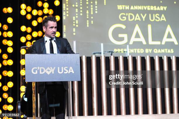 Actor Colin Farrell speaks onstage during the 2018 G'Day USA Black Tie Gala at InterContinental Los Angeles Downtown on January 27, 2018 in Los...