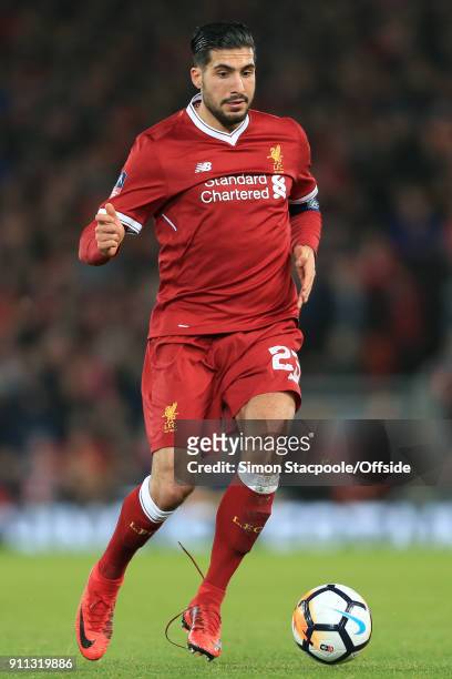 Emre Can of Liverpool in action during The Emirates FA Cup Fourth Round match between Liverpool and West Bromwich Albion at Anfield on January 27,...