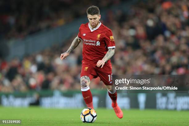 Alberto Moreno of Liverpool in action during The Emirates FA Cup Fourth Round match between Liverpool and West Bromwich Albion at Anfield on January...