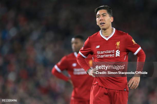 Roberto Firmino of Liverpool looks dejected during The Emirates FA Cup Fourth Round match between Liverpool and West Bromwich Albion at Anfield on...