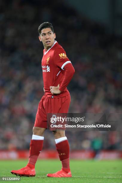 Roberto Firmino of Liverpool looks dejected during The Emirates FA Cup Fourth Round match between Liverpool and West Bromwich Albion at Anfield on...