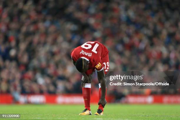 Sadio Mane of Liverpool looks dejected during The Emirates FA Cup Fourth Round match between Liverpool and West Bromwich Albion at Anfield on January...