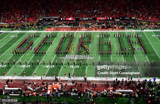 Members of the Georgia Bulldogs Band perform before the CFP National Championship presented by AT&T against the Alabama Crimson Tide at Mercedes-Benz...