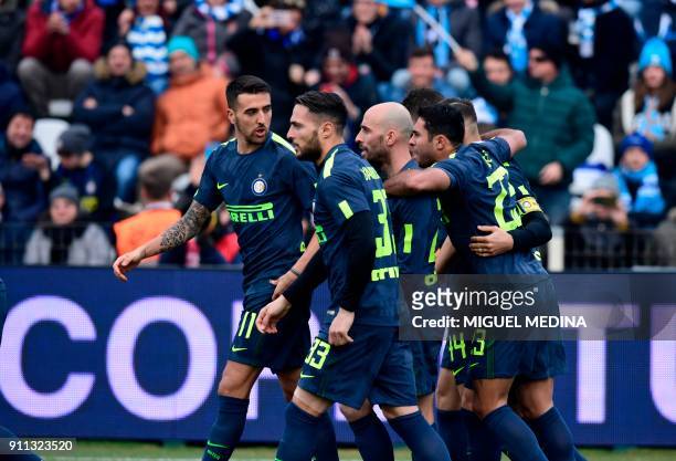 Inter Milan players celebrate after scoring during the Italian Serie A football match Spal vs Inter Milan at the Paolo Mazza stadium in Ferrara on...