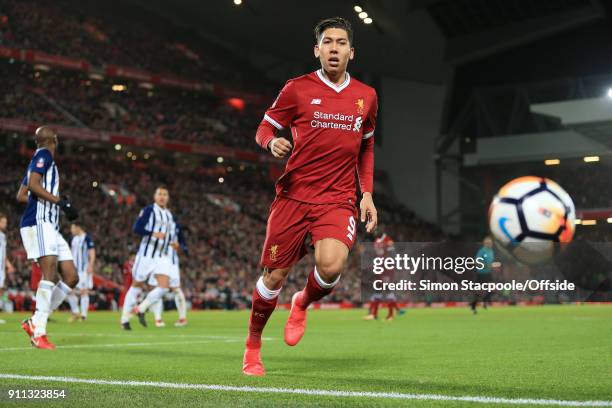 Roberto Firmino of Liverpool watches the ball bounce out of play during The Emirates FA Cup Fourth Round match between Liverpool and West Bromwich...