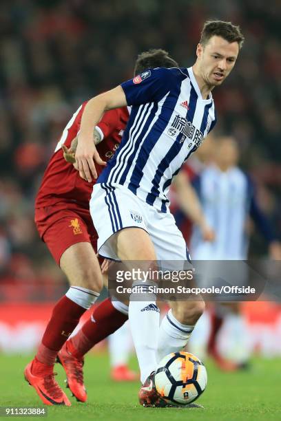 Jonny Evans of West Brom in action during The Emirates FA Cup Fourth Round match between Liverpool and West Bromwich Albion at Anfield on January 27,...