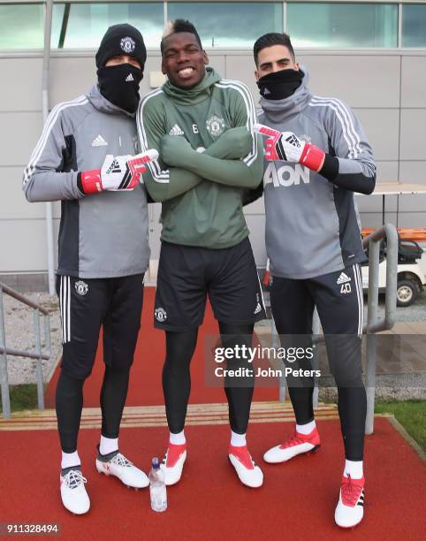 David de Gea, Paul Pogba and Joel Pereira of Manchester United in action during a first team training session at Aon Training Complex on January 28,...