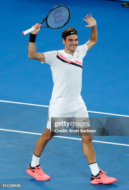 Roger Federer of Switzerland celebrates winning championship point in his men's singles final match against Marin Cilic of Croatia on day 14 of the...