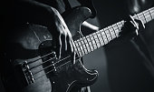 Electric bass guitar black and white photo