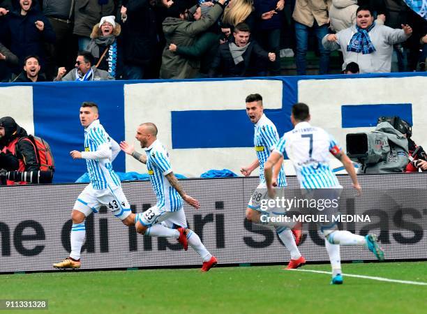 Spal's players celebrate after scoring during the Italian Serie A football match Spal vs Inter Milan at the Paolo Mazza stadium in Ferrara on January...