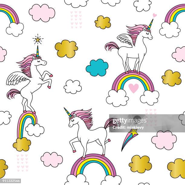 ilustraciones, imágenes clip art, dibujos animados e iconos de stock de patrón sin fisuras de unicornio lindo - unicorn