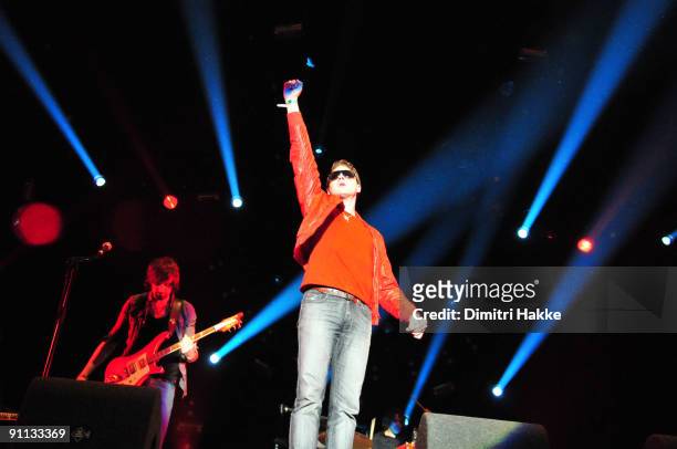 Tom Meighan of Kasabian performs on stage on the first day of Lowlands Festival at Evenemententerrein Walibi World on August 21, 2009 in...