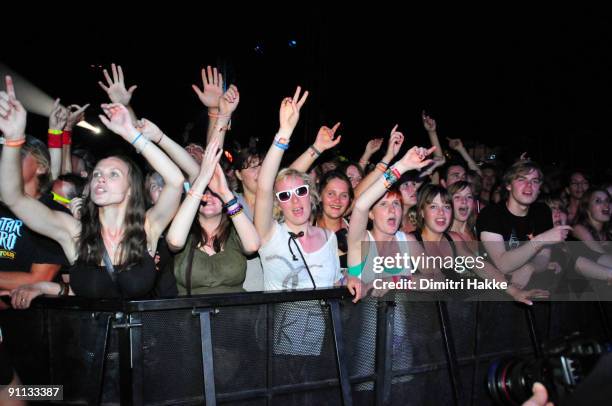 Cheering crowd on the first day of Lowlands Festival at Evenemententerrein Walibi World on August 21, 2009 in Biddinghuizen, Netherlands.