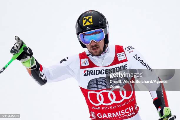 Marcel Hirscher of Austria takes 1st place during the Audi FIS Alpine Ski World Cup Men's Giant Slalom on January 28, 2018 in Garmisch-Partenkirchen,...