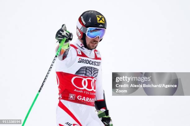 Marcel Hirscher of Austria takes 1st place during the Audi FIS Alpine Ski World Cup Men's Giant Slalom on January 28, 2018 in Garmisch-Partenkirchen,...