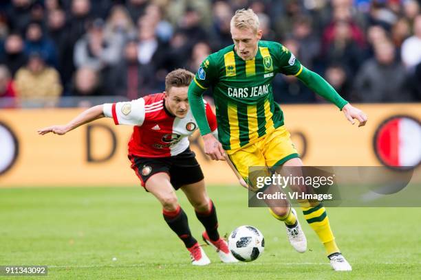 Jens Toornstra of Feyenoord, Lex Immers of ADO Den Haag during the Dutch Eredivisie match between Feyenoord Rotterdam and ADO Den Haag at the Kuip on...