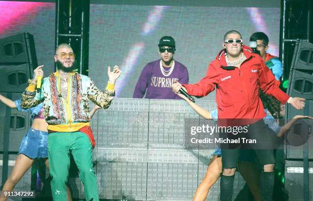 Farruko and Bad Bunny perform onstage during Calibash Las Vegas at T-Mobile Arena on January 27, 2018 in Las Vegas, Nevada.