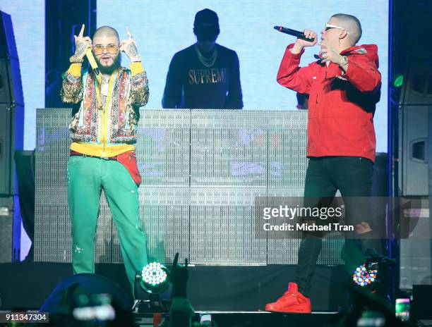 Farruko and Bad Bunny perform onstage during Calibash Las Vegas at T-Mobile Arena on January 27, 2018 in Las Vegas, Nevada.