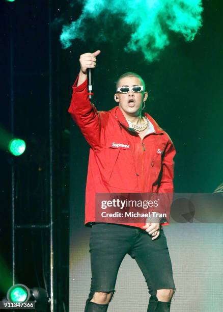 Bad Bunny performs onstage during Calibash Las Vegas at T-Mobile Arena on January 27, 2018 in Las Vegas, Nevada.