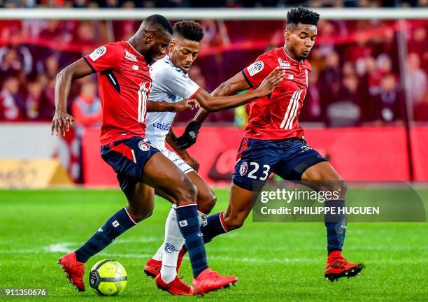 Strasbourg's Cape Verdian forward Nuno Da Costa vies with Lille's French midefielder Ibrahim Amadou and Lille's Brazilian midfielder Thiago Mendes...