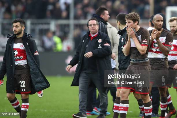 Enver Cenk Sahiny,Markus Kauczinski,Daniel Buballa and Christopher Avevor of Pauli appears frustrated after the Second Bundesliga match between FC...