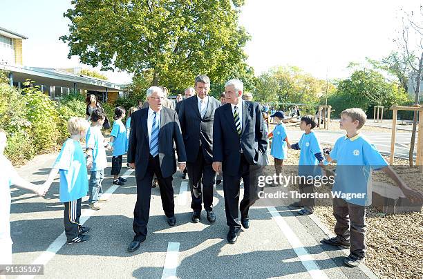 Theo Zwanziger, president of German football association, Jens Beutel, lord mayor of Mainz and Norbert Schueler, mayor of Mainz talks during the...