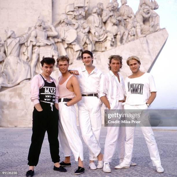Spandau Ballet posed in Lisbon in 1987. L-R John Keeble, Gary Kemp, Tony Hadley, Martin Kemp, Steve Norman