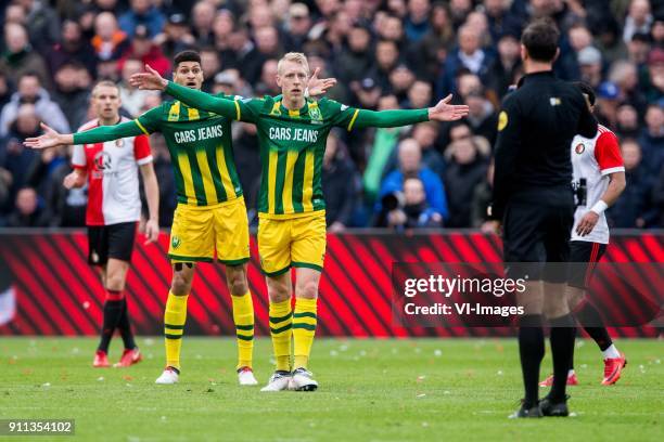 Bjorn Johnsen of ADO Den Haag, Lex Immers of ADO Den Haag, referee Bas Nijhuis during the Dutch Eredivisie match between Feyenoord Rotterdam and ADO...