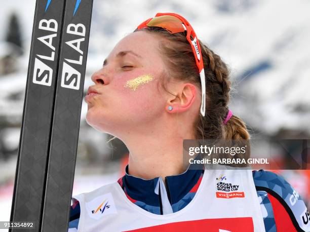 Jessica Diggins of the USA reacts after the Ladies FIS Cross Country 10 km Mass Start World Cup on January 28, 2018 in Seefeld, Austria. / AFP PHOTO...