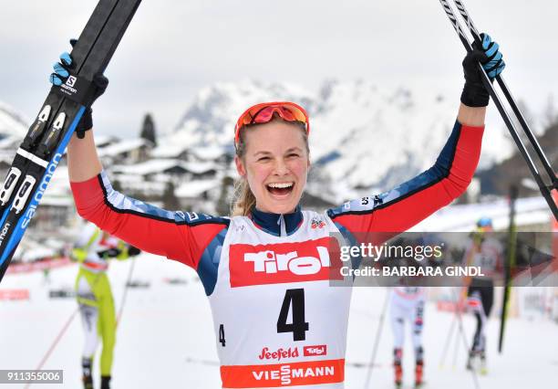 Jessica Diggins of the USA reacts after the Ladies FIS Cross Country 10 km Mass Start World Cup on January 28, 2018 in Seefeld, Austria. / AFP PHOTO...