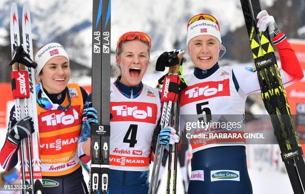 Heidi Weng of Norway, Jessica Diggins of the USA and Ragnhild Haga of Norway react after the Ladies FIS Cross Country 10 km Mass Start World Cup on...