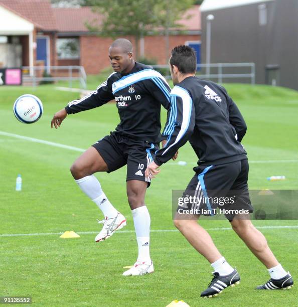 Marlon Harewood trains after signing a three month loan deal with Newcastle United at the Little Benton training ground on September 25, 2009 in...