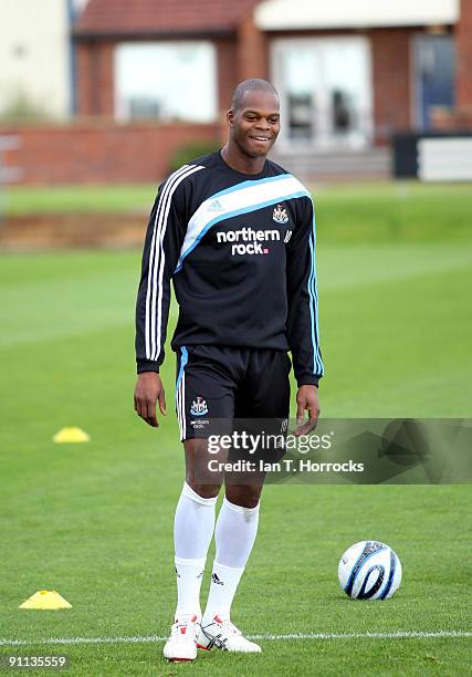 Marlon Harewood trains after signing a three month loan deal with Newcastle United at the Little Benton training ground on September 25, 2009 in...
