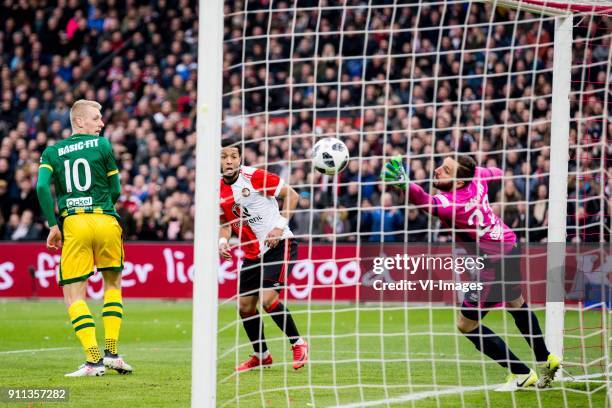 Lex Immers of ADO Den Haag, Tonny Vilhena of Feyenoord, goalkeeper Robert Zwinkels of ADO Den Haag during the Dutch Eredivisie match between...