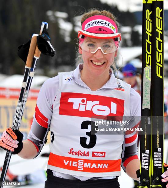 Teresa Stadlober of Austria reacts after the Ladies FIS Cross Country 10 km Mass Start World Cup on January 28, 2018 in Seefeld, Austria. / AFP PHOTO...
