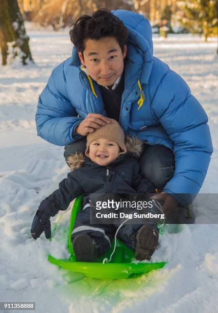 father with toddler on green baby sled - dag 2 fotografías e imágenes de stock
