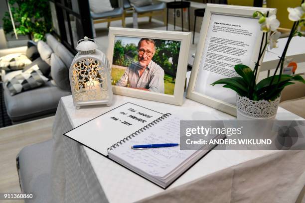 Photo of Ingvar Kamprad, founder of Swedish multinational furniture retailer IKEA, and a book of condolences are placed at the entrance of an IKEA...