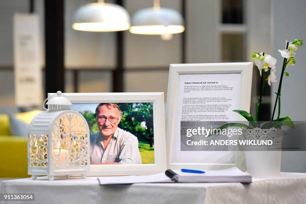 Photo of Ingvar Kamprad, founder of Swedish multinational furniture retailer IKEA, and a book of condolences are placed at the entrance of an IKEA...