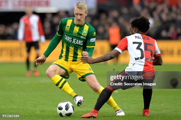 Lex Immers of ADO Den Haag, Tyrell Malacia of Feyenoord during the Dutch Eredivisie match between Feyenoord v ADO Den Haag at the Stadium Feijenoord...