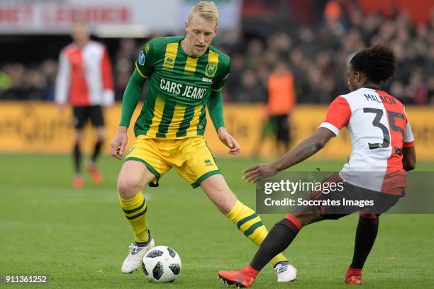 Lex Immers of ADO Den Haag, Tyrell Malacia of Feyenoord during the Dutch Eredivisie match between Feyenoord v ADO Den Haag at the Stadium Feijenoord...