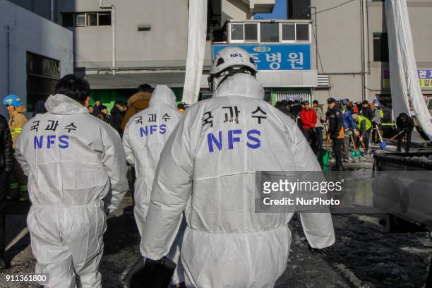 Jan 27, 2018-Miryang, South Korea-South Korean Investgators inspection and scanning at blaze hospital in Miryang, Spouth Korea. A fire gutted the...