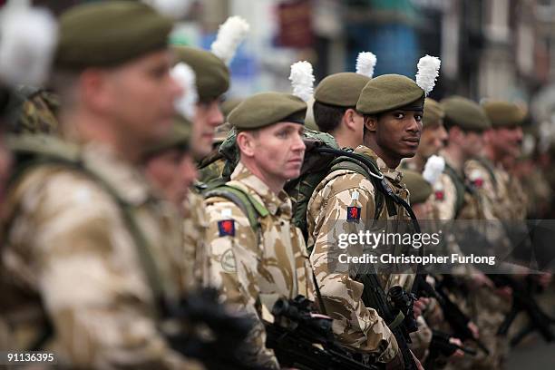 Three hundred soldiers of 1st Battalion The Royal Welsh walk through Chester to say farewell to the city before deploying on operations to...