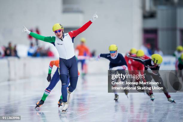 Francesco Betti of Italy reacts in the Men's Mass Start during day two of the ISU Junior World Cup Speed Skating at Olympiaworld Ice Rink on January...