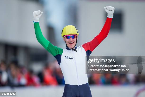 Francesco Betti of Italy reacts in the Men's Mass Start during day two of the ISU Junior World Cup Speed Skating at Olympiaworld Ice Rink on January...