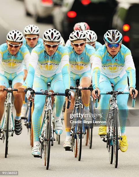 Alexandre Vinokourov rides with his Kazachstan team during training for the 2009 UCI Road World Championships on September 25, 2009 in Mendrisio,...