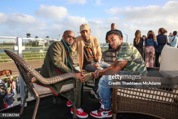 Jermaine Dupri, Pharell and Ludacris at the Pegasus World Cup Invitational's LIV Boardwalk Pop-Up at Gulfstream Park on January 27, 2018 in...