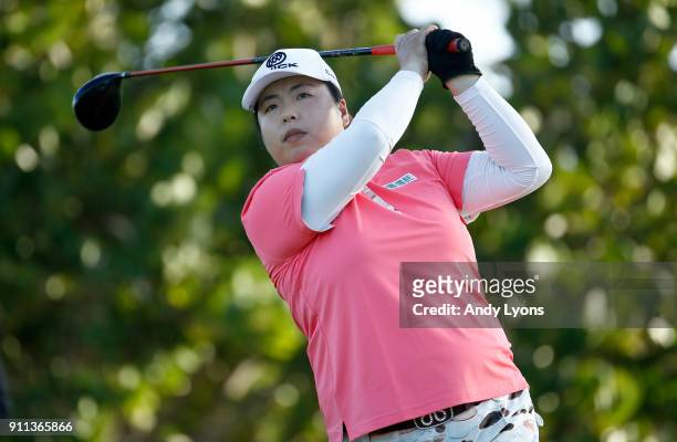 Shanshan Feng of China hits her tee shot on the 4th hole during the second round of the Pure Silk Bahamas LPGA Classic at the Ocean Club Golf Course...
